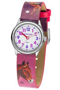 JACQUES FAREL HCC543 Koňské hodinky dívčí dětské hodinky s koženým řemínkem růžové