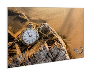 Wallario Handtuchhalter aus Glas, Motiv: Alte Taschenuhr am Strand, 30 x 20 cm mit 4 Haken