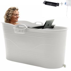 HelloBath® Mobile Badewanne für Erwachsene XL - Ideal für das kleines Badezimmer - 122x55x64cm - Weiß - Badezuber - Badewannenablage & Klopfen