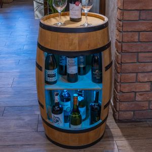 Dřevěný stojan na láhve s RGB LED světly, dřevěný sud, výška 80 cm, stojan na víno v retro stylu, stojan na láhve alkoholu, dřevěný stojan na víno (dub)
