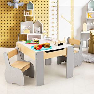 COSTWAY 3tlg. Kindersitzgruppe aus Holz, 4-in-1-Kindertisch mit 2 Stühlen & Abnehmbarer Tafel, Kindermöbel-Set mit Stauraum für Spielzimmer, Kindergarten, Weiß+Grau