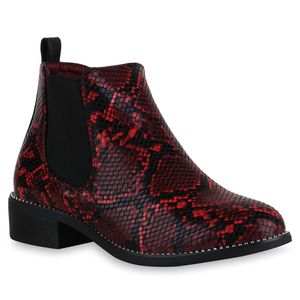Mytrendshoe Damen Klassische Stiefeletten Snake Print Ankle Boots Ketten 832005, Farbe: Rot Schwarz Snake, Größe: 38