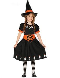 orange schwarzes Hexen Kostüm für Mädchen, Größe:128/134