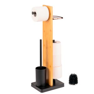eluno Stand-WC-Garnitur 4in1, WC-Bürste, (Ersatz-)Rollenhalter, Ablage, Bambus/Metall, schwarz
