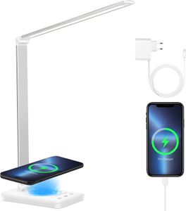 Speed LED Schreibtischleuchte 10 Helligkeitsstufen 5 Farb,Touchfel,10W,Wireless Laden,USB-Ladeanschluss(Weiß)