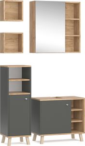 Vicco Badmöbel-Set Senyo, 4 Teile, mit Hängeschrank, Anthrazit/Goldkraft Eiche