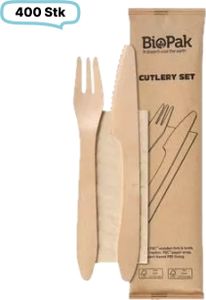 SET: Holzbesteckset Premium Messer und Gabel inkl. Serviette Einwegbesteck, 400 Stk, Holz gewachst, einzeln verpackt