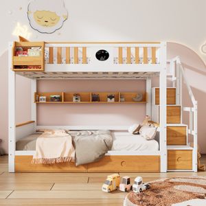 Merax Etagenbett 90x200cm mit Treppe und Schließfächer, Kinderbett mit Schubladen, Stockbett mit Regal, Kiefer Hochbett mit Rausfallschutz, Weiß/Natur Merax Etagenbett 90x200cm mit Treppe und Schließfächer, Kinderbett mit Schubladen, Stockbett mit Regal, Kiefer Hochbett mit Rausfallschutz, Weiß/Natur