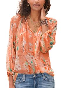 Damen Blusen Blumen Chiffon Tshirt V-Ausschnitte Locker Tops Sommershirt Oberteile Orange,Größe XXL