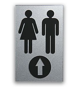 Türschild, WC-Schild, Wegweiser, Toilettenschild "Frau und Mann mit Pfeil" schwarz auf silber