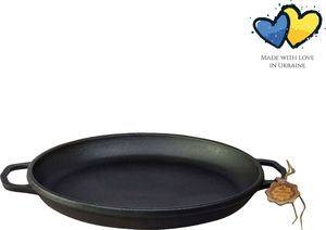 Gusseisen-Paellapfanne ø 40 x 4 cm - Induktionsgeeignet - Paellapfanne - Kochen über offenem Feuer - BBQ Platte rund - Grillgeschenk - frei - Schwarz