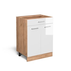 Vicco Küchenunterschrank R-Line, 60 cm mit Schublade, ohne Arbeitsplatte, Weiß Hochglanz/Goldkraft Eiche