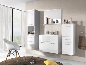 Minio, Badezimmer, Badmöbel Set "ALO", 4-Teilig Set, mit Waschbecken, Weiß Glanz / Weiße Farbe