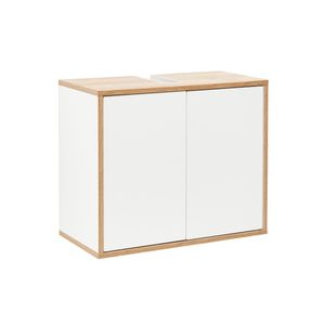 FACKELMANN Waschbeckenunterschrank FINN / Badschrank mit Push-to-Open / Maße (B x H x T): ca. 60 x 50 x 30,5 cm / Schrank fürs Bad mit 2 Türen / Korpus: Weiß / Front: Weiß / Rahmendekor: Braun hell