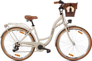 Goetze Citybike Mood 28 Zoll, 7-Gang Shimano, Tiefeinstieg, Damenfahrrad inkl. Rattan-Korb
