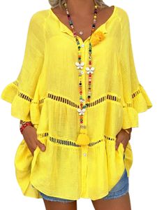 Damen Blusen Langarmshirts Button Down Tunika Oberteile Causal Einfarbig Elegant Hemd Gelb,Größe L