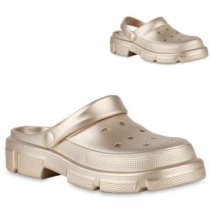 VAN HILL Damen Pantoletten Sandalen Bequeme Cut-outs Profil-Sohle Schuhe 841148, Farbe: Gold, Größe: 39