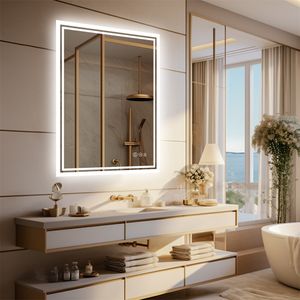 WISFOR LED Kúpeľňové zrkadlo 70 × 50 cm Kúpeľňové zrkadlo s osvetlením Kúpeľňové zrkadlo Nástenné zrkadlo s dotykovým spínačom Bez hmly Stmievateľné