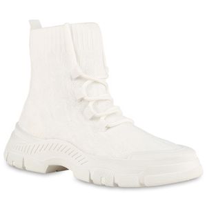 VAN HILL Damen Plateau Boots Stiefeletten Schnürer Strick Schnür-Schuhe 838232, Farbe: Weiß, Größe: 37