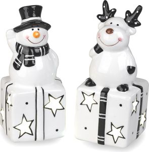 2er Set LED Dekofigur | Elch Schneemann auf Geschenk | schwarz weiß | Weihnachtsdeko