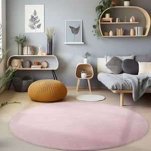 Waschbarer Teppich Wohnzimmer Kurzflor rutschfest Flauschig Einfarbig Felloptik, Rosa, 200 cm Rund