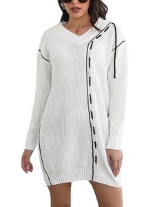 Frauen Langarm Pullover Kleid Warm V Hals Sweatshirt Strickjacke Casual Solid Color Mini-Kleider,Farbe:Weiß,Größe:M