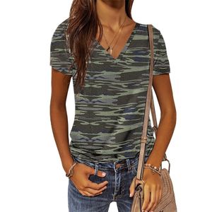 Sommer-T-Shirt Mit Camouflage-Print Für Damen Mit V-Ausschnitt Und Kurzarm,Farbe: Armeegrün,Größe:M