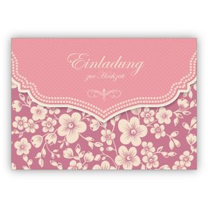 4x Wunderbare Vintage Einladungskarte mit Retro Kirschblüten Muster in rosa für Brautpaare: Einladung zur Hochzeit