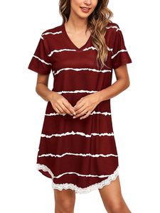 Damen Gestreifte Kurzarm Minikleid Spitze V-Ausschnitt Nachthemd,Farbe: Rotwein,Größe:4XL