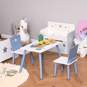 HOMCOM 3-TLG. Kindersitzgruppe mit Kindertisch Kindermöbel aus Holz Kinderstuhl Sitzgruppe Kinder für Kleinkind Mädchen Junge Blau+Weiß 60 x 40 x 43 cm