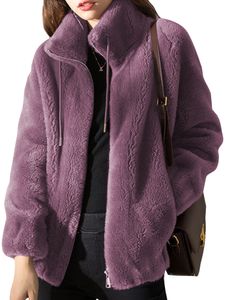 Frauen Stehen Kragen Mockt Winter Warme Langarm Outwear Plüsch Strickjacken Sherpa Jacken,Farbe:Violett,Größe:3xl