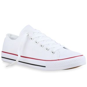 Mytrendshoe Herren Sneakers Sportschuhe Freizeit Schuhe Schnürer Stoffschuhe 816361, Farbe: Weiß Rotstreifen, Größe: 41