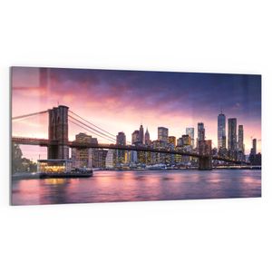 DEQORI Glasbild Echtglas 100x50 cm 'Brooklyn Bridge Abendröte' Wandbild Bild modern Deko