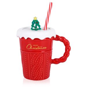 Weihnachten Kaffeetasse 400 ml Weihnachten Keramik Kaffeetasse Teetasse Milch Tasse mit Deckel und Strohhalm, rot, 1 Stück