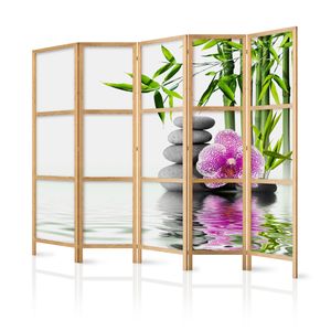 Paravent XXL Blumen Orchidee SPA Steine Bamboo 225x171 cm - 5-teilig - einseitig - eleganter Sichtschutz - Raumteiler - Trennwand - Raumtrenner - Holz - Design Motiv - Deko - Japan p-B-0033-z-c
