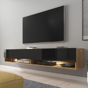 Selsey TV-Schrank WANDER - TV-Board hängend/stehend Wotan Eiche / Schwarz Hochglanz mit LED, 180 cm breit