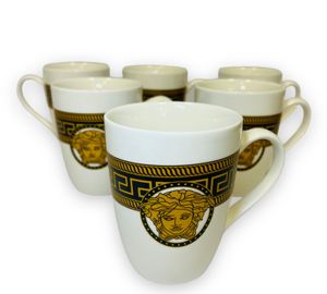 6er Set Dickwandige Kaffeetassen aus Porzellan für 6 Personen Medusa Mäander Kaffeegläser mit Muster Stil Weiß-Gold 300.ML