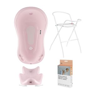 Baby Badewanne Set mit / ohne Gestell und Badewannensitz - für Neugeborene und Babys, Set:4-teiliges SET, Motiv:Hug me - rosa