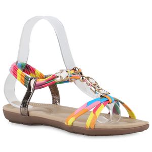 VAN HILL Damen Riemchensandalen Sandalen Zierperlen Profil-Sohle Schuhe 840104, Farbe: Blau Rosa Gelb Metallic, Größe: 37