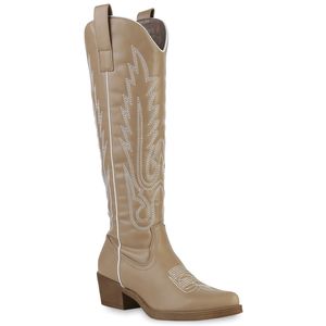 VAN HILL Damen Stiefel Cowboystiefel Stickereien Boots Spitz Western Schuhe 839569, Farbe: Khaki, Größe: 38