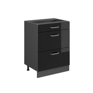 Vicco Küchenunterschrank R-Line, 60 cm mit Schubladen, ohne Arbeitsplatte, Schwarz Hochglanz/Anthrazit