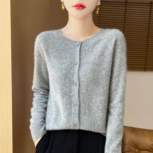 Warme, weiche Damen-Strickjacke mit Rundhalsausschnitt, XL, Grau