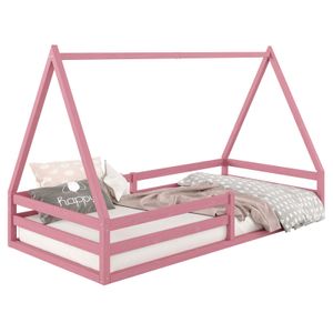 Hausbett SILA aus massiver Kiefer, schönes Montessori Bett in 90 x 200 cm, stabiles Kinderbett mit Rausfallschutz und Dach in rosa