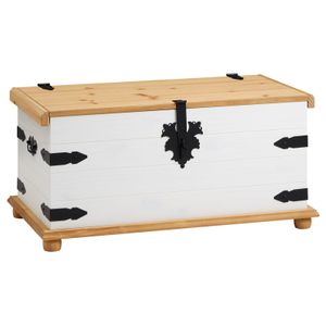 Truhe TEQUILA, schöne Aufbewahrungsbox aus Kiefer massiv weiß/braun, praktische Holztruhe im Mexiko Stil, elegante Dekotruhe mit Zierbeschläge aus Metall