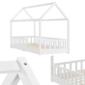 Juskys Kinderbett Marli 90 x 200 cm - Rausfallschutz, Lattenrost & Dach - Holz Weiß
