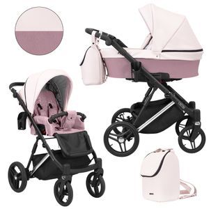 Kinderwagen LAZZIO PREMIUM Sportwagen Babywagen Babyschale Komplettset Kinder Wagen Set 2 in 1 (rosa + eco, Rahmenfarbe: Silber)