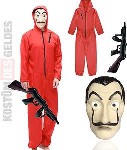 3 in 1 Unisex Kostüm Set XXL - Haus des Geldes für Erwachsene mit Dali Salvador Maske, Attrappe-Gewehr und Overall für Fasching & Halloween