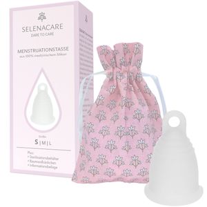 Selenacare Menstruationstasse Premium Transparent - mit Reinigungsbehälter und Aufbewahrungsbeutel, Größe S (21ml)