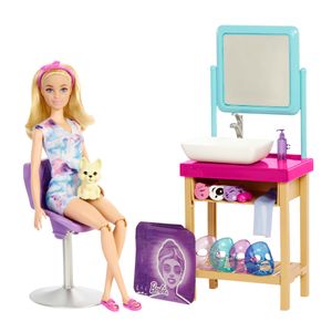 Barbie Glitzer-Gesichtsmasken Wellnesstag Spielset, blonde Barbie Puppe, 7 Wellnessmasken, Waschbecken, Spiegel, Stuhl, insgesamt über 15 Zubehörteile, 3 bis 7 Jahre