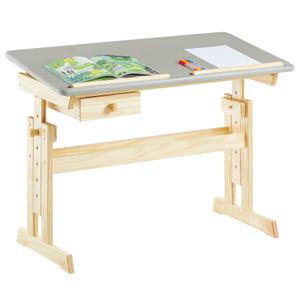 Kinderschreibtisch FLEXI mit Kippfunktion und Höhenverstellung, praktischer Schreibtisch aus massiver Kiefer in natur/grau